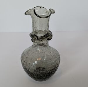 80's Hand Blown Smoke Grey Crackle Glass Bud Vase Small Ruffled Rim 5 Inches